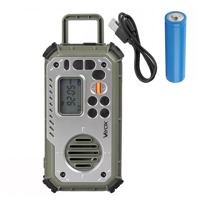 Camping-Radio mit Kurbel, Solarpanel und LED-Taschenlampe mit Powerbank-Funktion, 5 V / 3×AAA / 2000 mAh, IPX4, grün