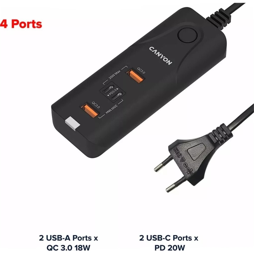 Canyon - Ladegerät 2xUSB A + 2xUSB C Power Delivery 20W