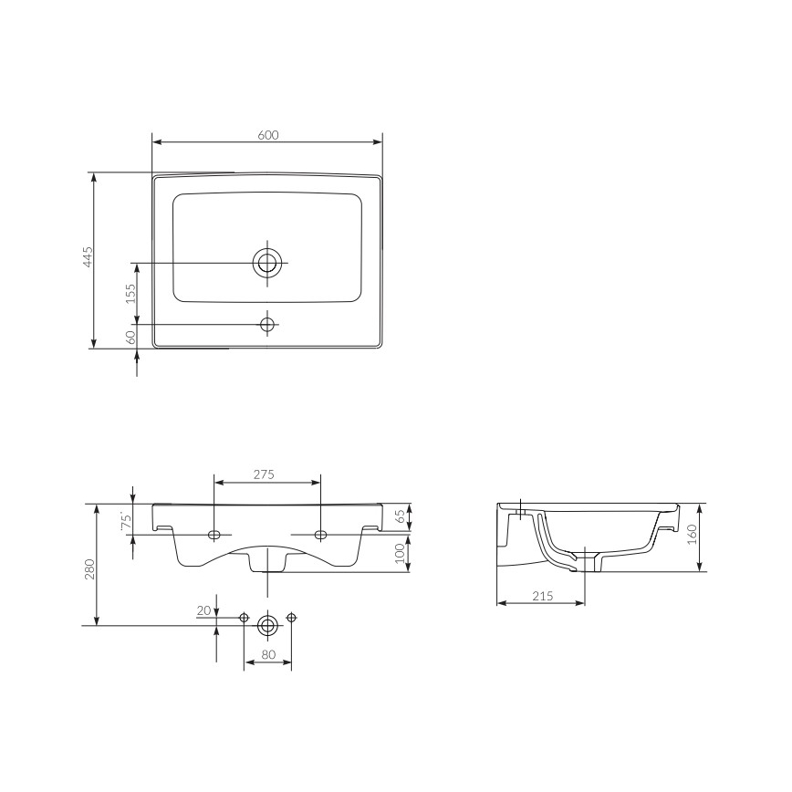 Cersanit K114-006 - Einbauwaschbecken CREA 44,5x60 cm Keramik/glänzend weiß