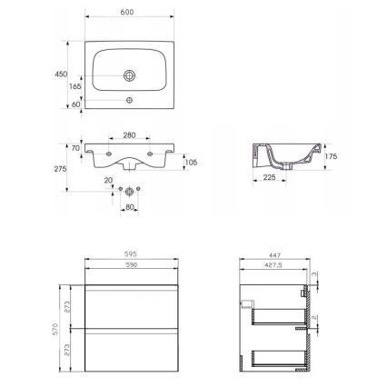Cersanit S801-223-DSM - Hängender Badezimmerschrank mit Waschbecken MODUO 60x45 cm hochglanzweiß