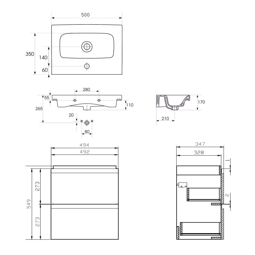 Cersanit S801-229-DSM - Hängender Unterschrank mit Waschtisch MODUO SLIM 50x62x35 cm hochglanzweiß