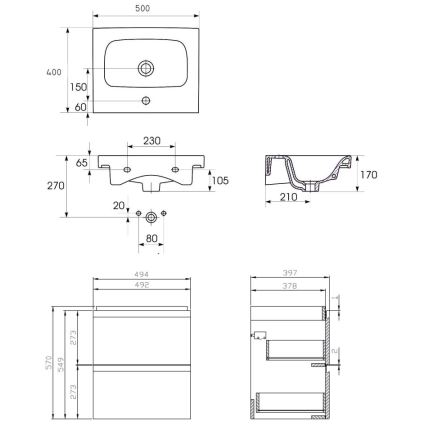 Cersanit S801-230-DSM - Wandhängender Badezimmerschrank mit Waschbecken MODUO 50x62x40 cm weiß