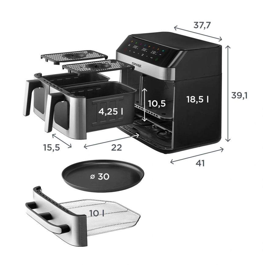 Concept FR9000 - Heißluftfritteuse PIZZA TRIO 18,5 l 2700W/230V Edelstahl/Schwarz