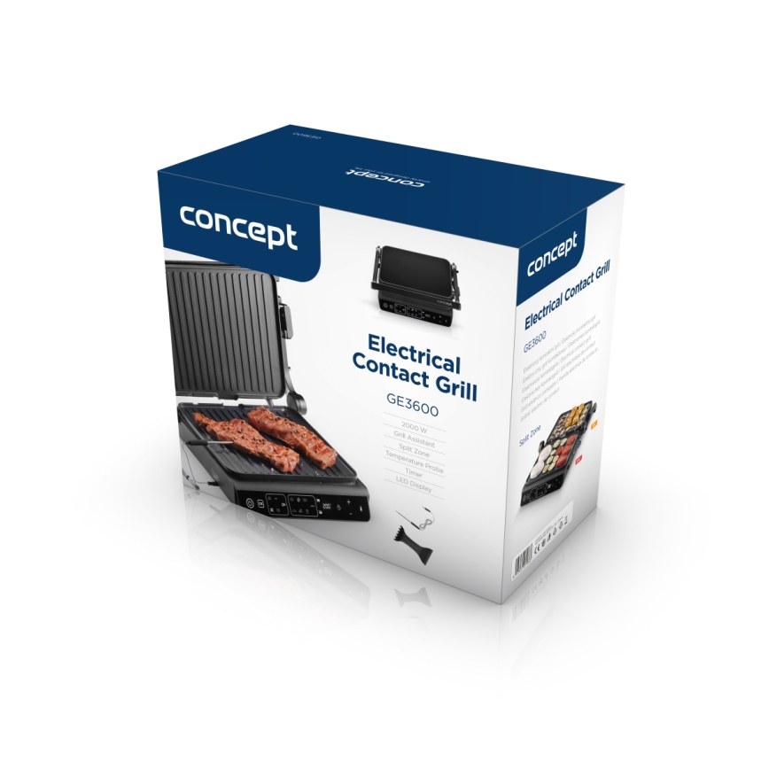 Concept ge3600 - Kontaktgrill mit Temperatursensor GLASS 2000W/230V schwarz
