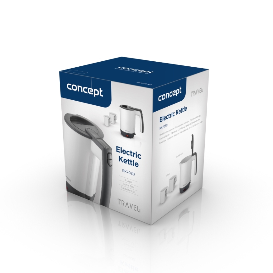 Concept RK7030 - Reise-Wasserkocher 0,5 l 1080W/230V grau/weiß + 2 Tassen