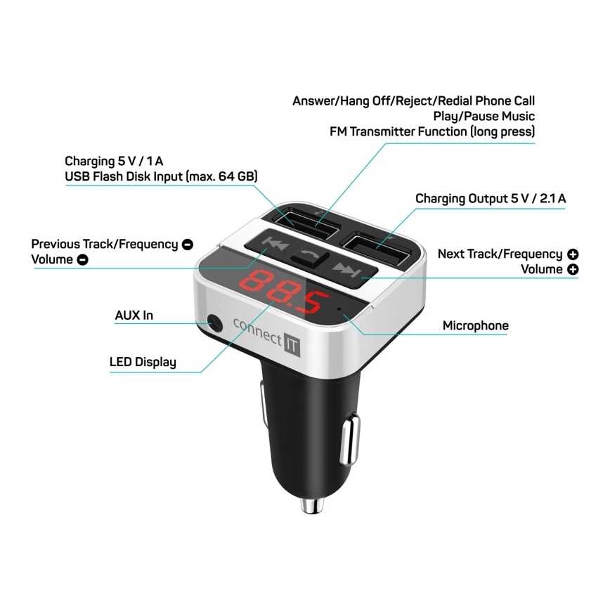CONNECT IT CCC-8800-SL - Auto-FM-Transmitter mit Freisprechfunktion schwarz/silbern