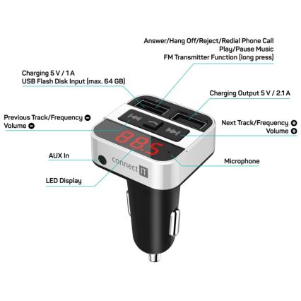 CONNECT IT CCC-8800-SL - FM-Sender fürs Auto mit Freisprechfunktion schwarz/silber