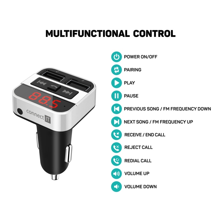 CONNECT IT CCC-8800-SL - FM-Sender fürs Auto mit Freisprechfunktion schwarz/silber