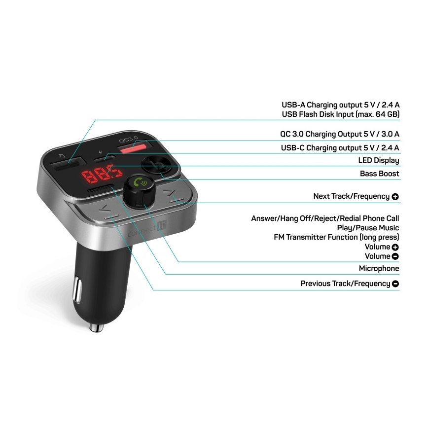 CONNECT IT CCC-8900-AN - Auto-FM-Transmitter mit Freisprechfunktion schwarz/silbern