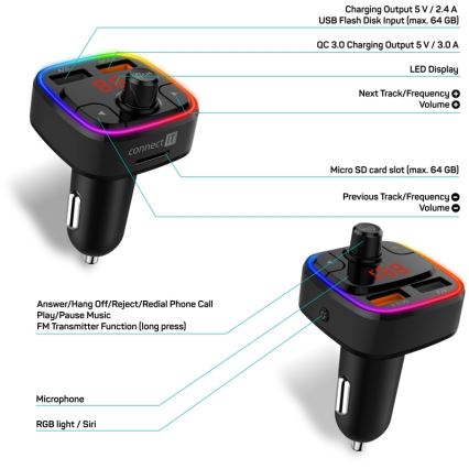 CONNECT IT CCC-9090-BK - LED RGB Auto-FM-Transmitter mit Freisprechfunktion schwarz