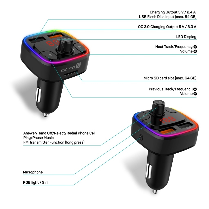 CONNECT IT CCC-9090-BK - LED RGB Auto-FM-Transmitter mit Freisprechfunktion schwarz