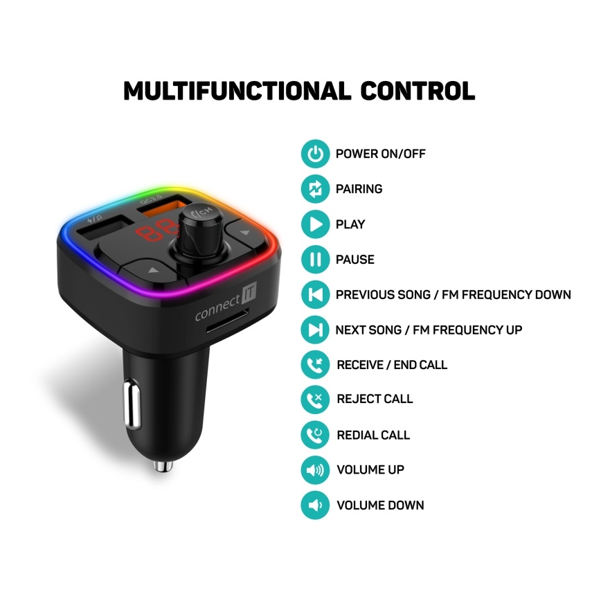 CONNECT IT CCC-9090-BK - LED RGB Auto-FM-Transmitter mit Freisprechfunktion schwarz
