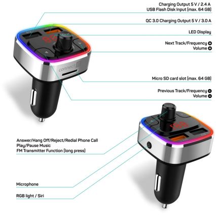CONNECT IT CCC-9090-SL - LED RGB Auto-FM-Transmitter mit Freisprechfunktion schwarz/silbern