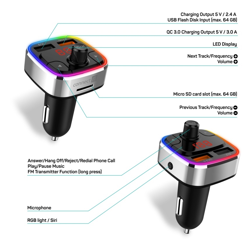 CONNECT IT CCC-9090-SL - LED RGB Auto-FM-Transmitter mit Freisprechfunktion schwarz/silbern