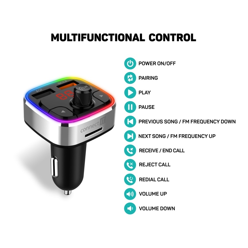 CONNECT IT CCC-9090-SL - LED RGB Auto-FM-Transmitter mit Freisprechfunktion schwarz/silbern