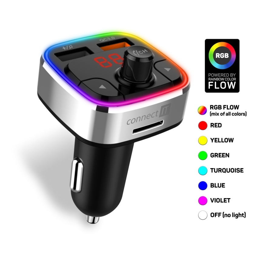 CONNECT IT CCC-9090-SL - LED RGB Auto-FM-Transmitter mit Freisprechfunktion schwarz/silbern