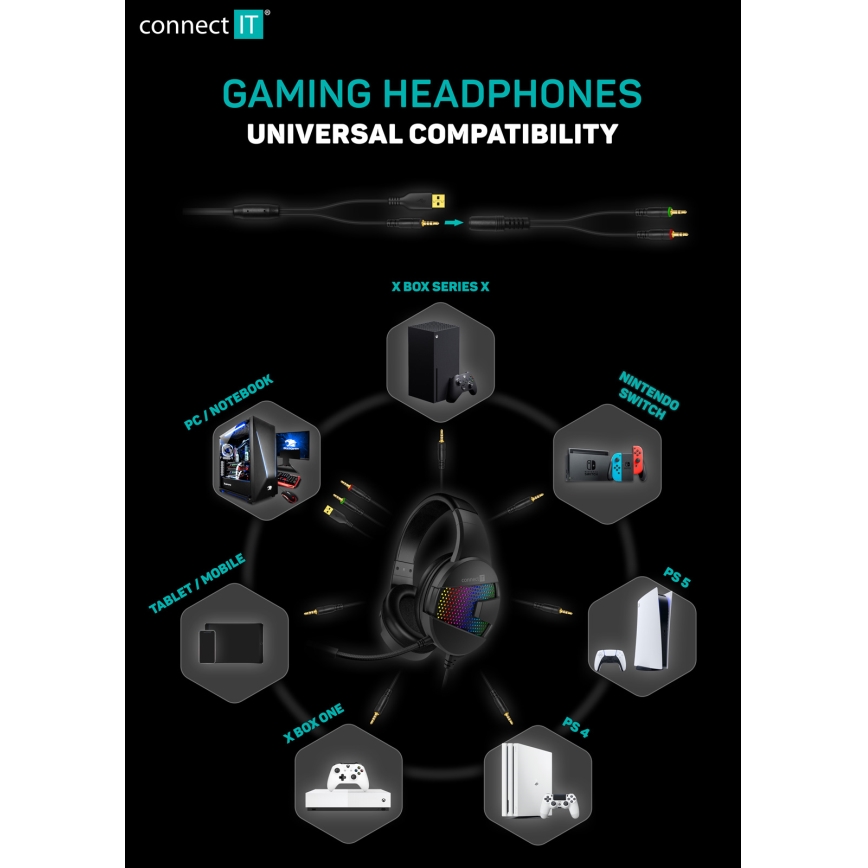 CONNECT IT CHP-5600-BK - LED RGB Kabelgebundene Gaming-Kopfhörer mit Mikrofon schwarz