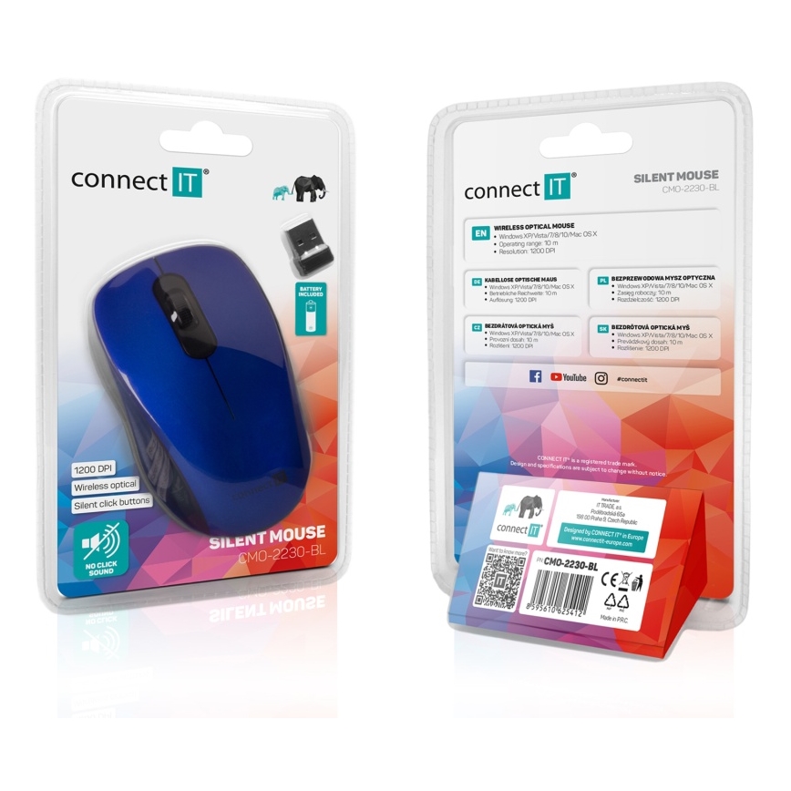 CONNECT IT CMO-2230-BL - Kabellose Silent-Maus MUTE 1200 DPI 1xAA schwarz/blau