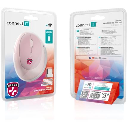 CONNECT IT CMO-2600-PK - Ergonomische kabellose Maus 800/1200/1600 DPI 1xAA rosa