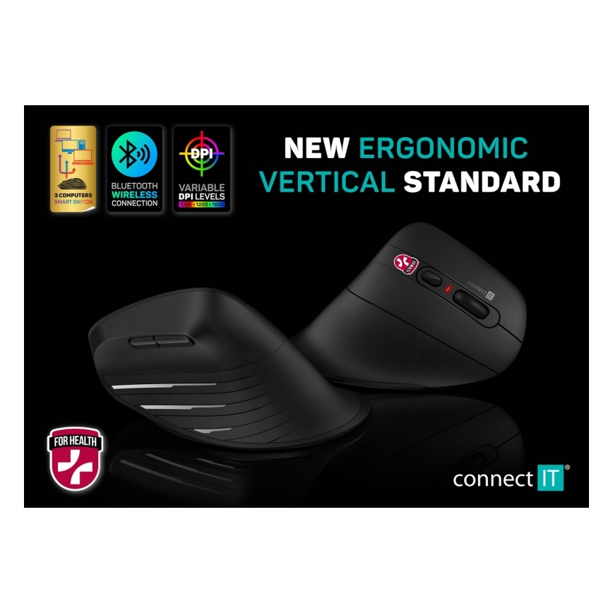 CONNECT IT CMO-2880-BK - Ergonomische kabellose Verti TriMode-Maus 1000/1600/2400 DPI 2xAAA schwarz