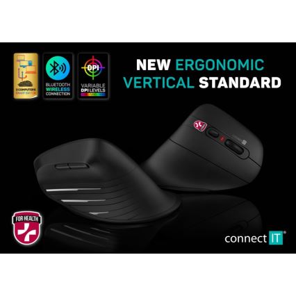 CONNECT IT CMO-2880-BK - Ergonomische kabellose Maus Verti TriMode 1000/1600/2400 DPI 2xAAA schwarz