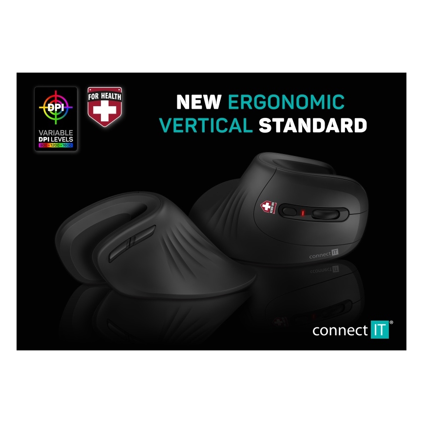 CONNECT IT CMO-2900-BK - Ergonomische, kabellose Maus 800/1200/1600 DPI 1xAA schwarz