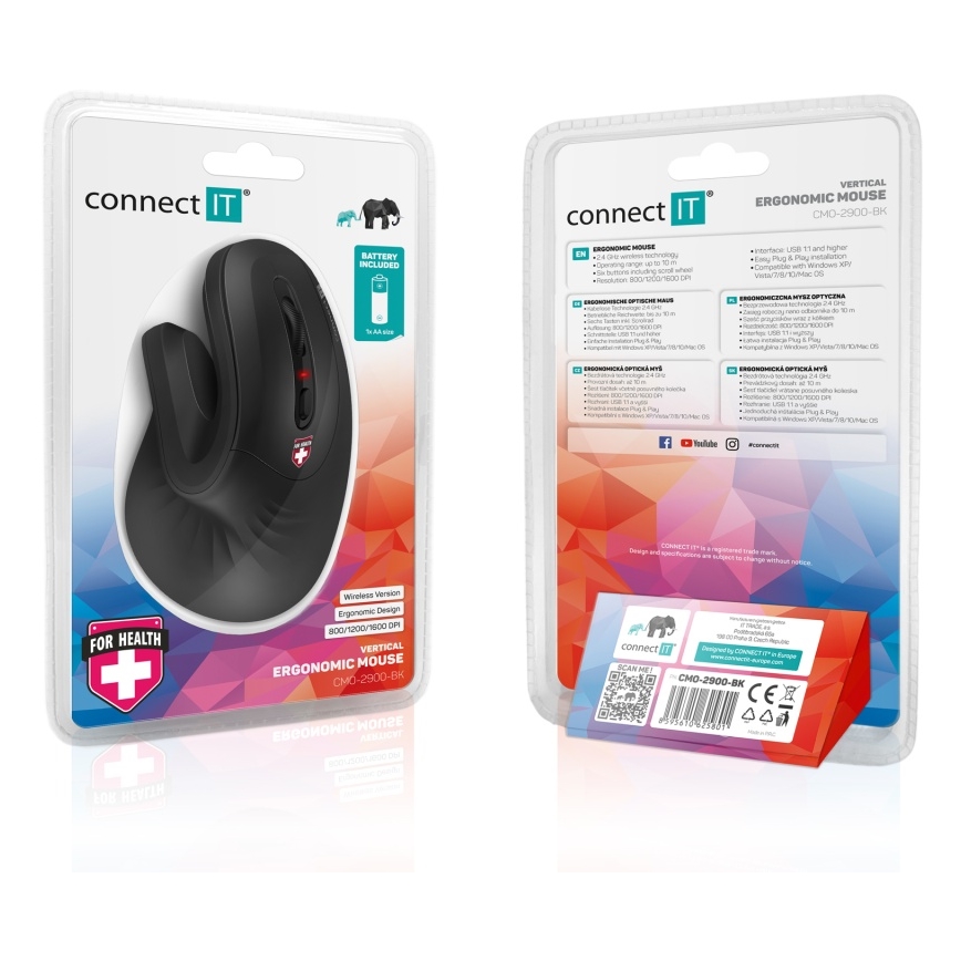 CONNECT IT CMO-2900-BK - Ergonomische, kabellose Maus 800/1200/1600 DPI 1xAA schwarz