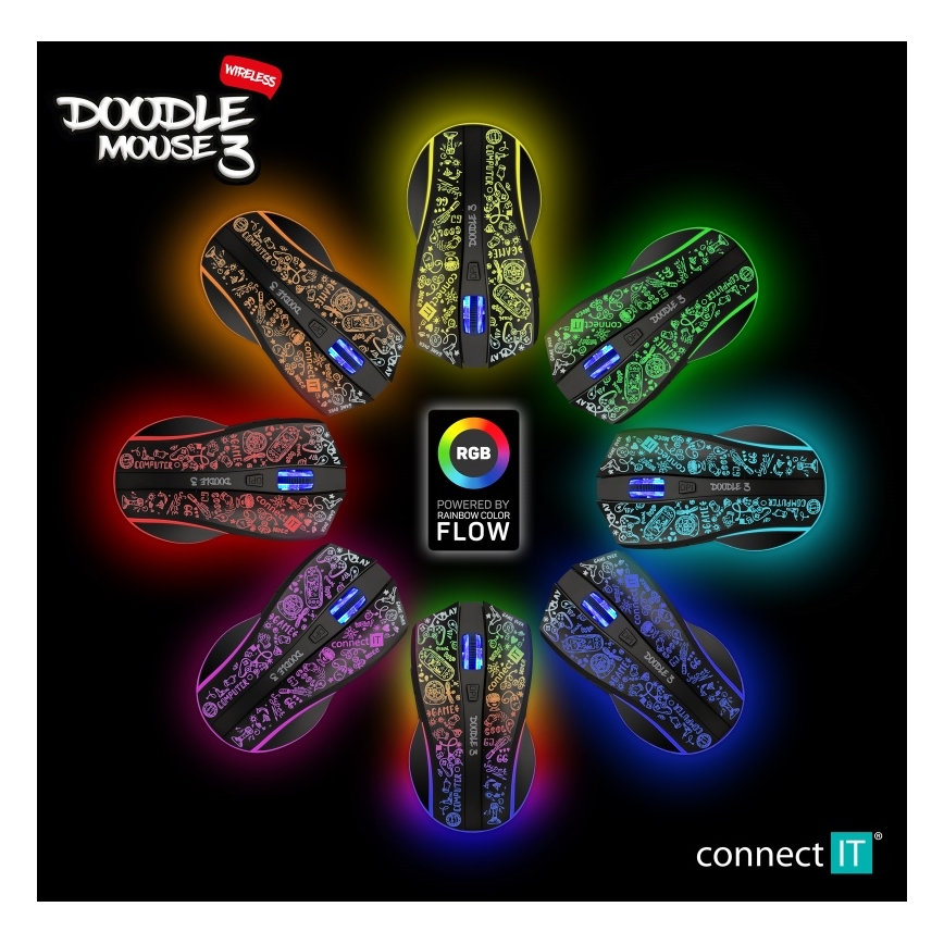 CONNECT IT CMO-3530-DD - LED RGB Kabellose, wiederaufladbare Gaming-Maus 800/1200/1600/2400/4800 DPI 600 mAh schwarz