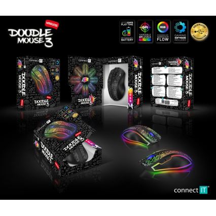 CONNECT IT CMO-3530-DD - LED RGB Kabellose, wiederaufladbare Gaming-Maus 800/1200/1600/2400/4800 DPI 600 mAh schwarz