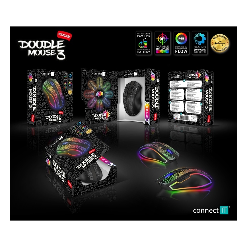 CONNECT IT CMO-3530-DD - LED RGB Kabellose, wiederaufladbare Gaming-Maus 800/1200/1600/2400/4800 DPI 600 mAh schwarz