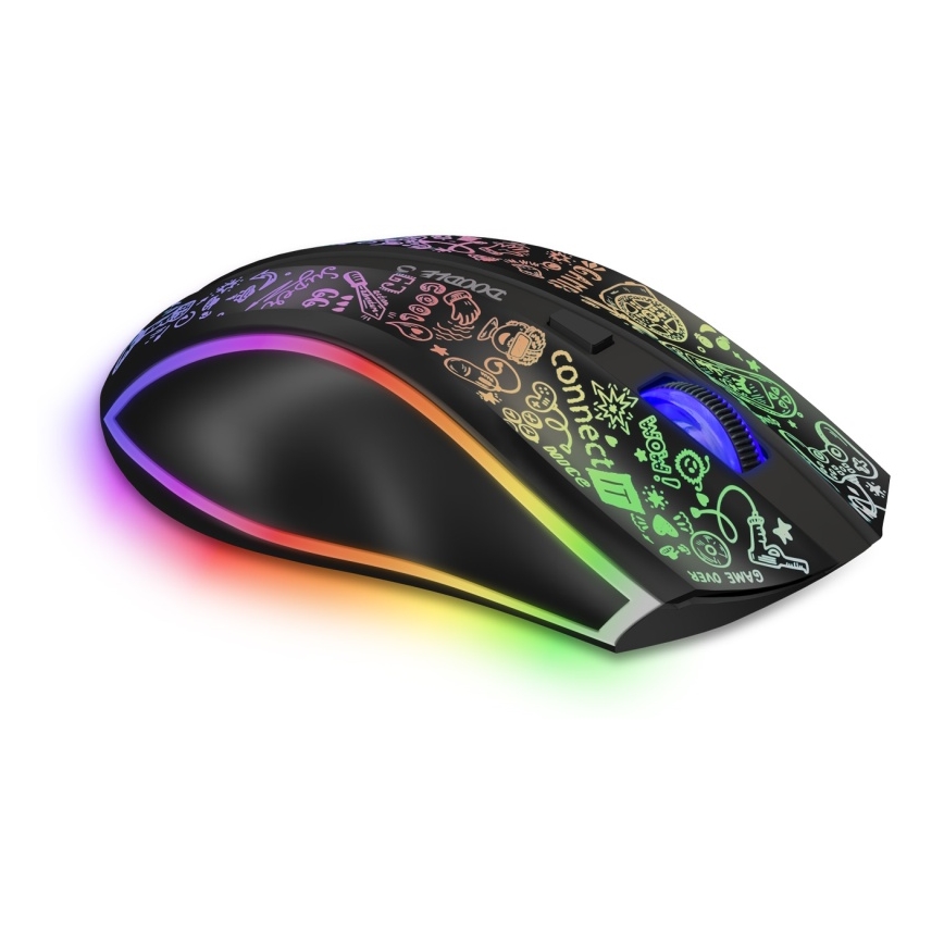 CONNECT IT CMO-3530-DD - LED RGB Kabellose, wiederaufladbare Gaming-Maus 800/1200/1600/2400/4800 DPI 600 mAh schwarz