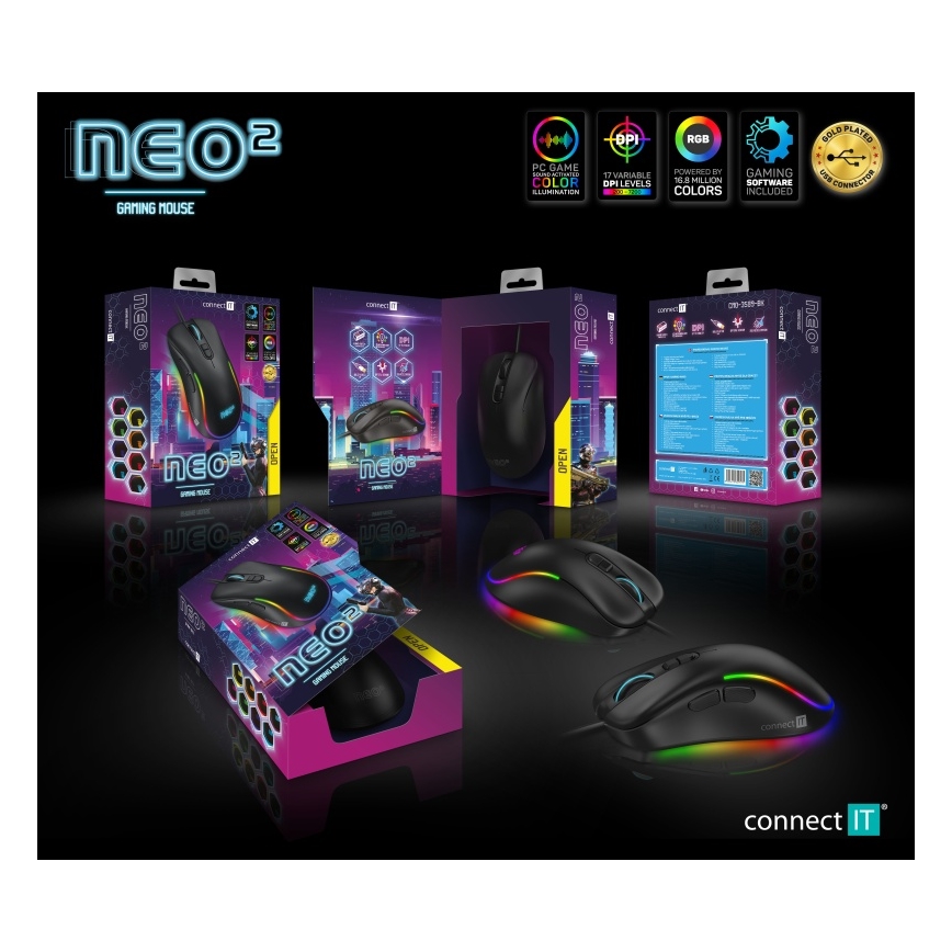 CONNECT IT CMO-3589-BK - LED RGB Kabelgebundene Gaming-Maus 200-7200 DPI schwarz