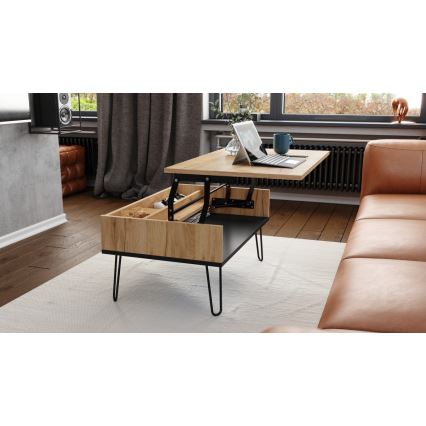 Couchtisch mit anhebbarer Platte und Ablage HALIJA Eiche/schwarz
