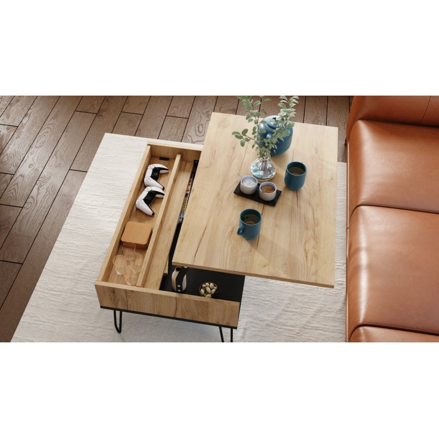 Couchtisch mit anhebbarer Platte und Ablage HALIJA Eiche/schwarz