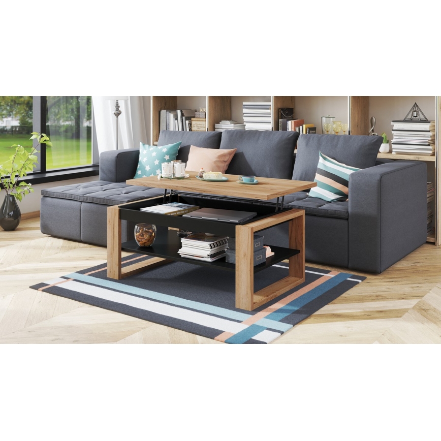 Couchtisch mit anhebbarer Platte und Ablage NEA Eiche/schwarz