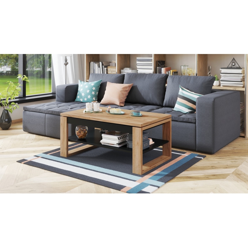 Couchtisch mit anhebbarer Platte und Ablage NEA Eiche/schwarz