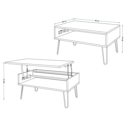 Couchtisch mit Hubfunktion und Ablage HALIJA, Beton‑grau/Schwarz