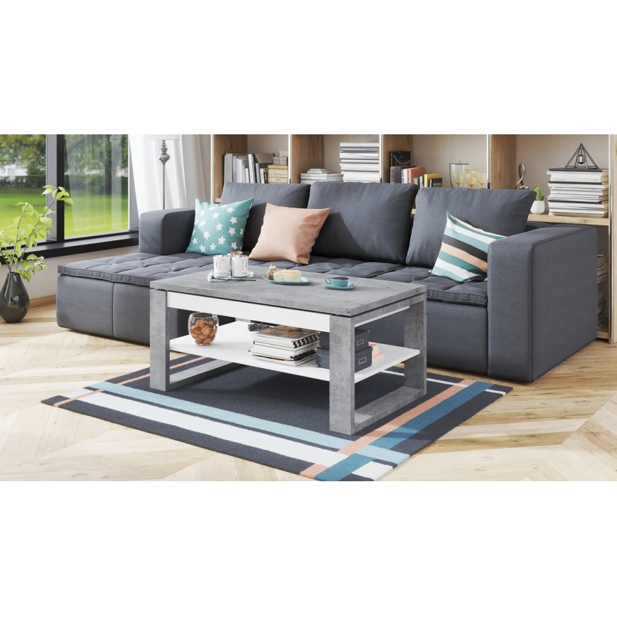 Couchtisch NEA mit Hubfunktion und Ablage, Betongrau/Weiß