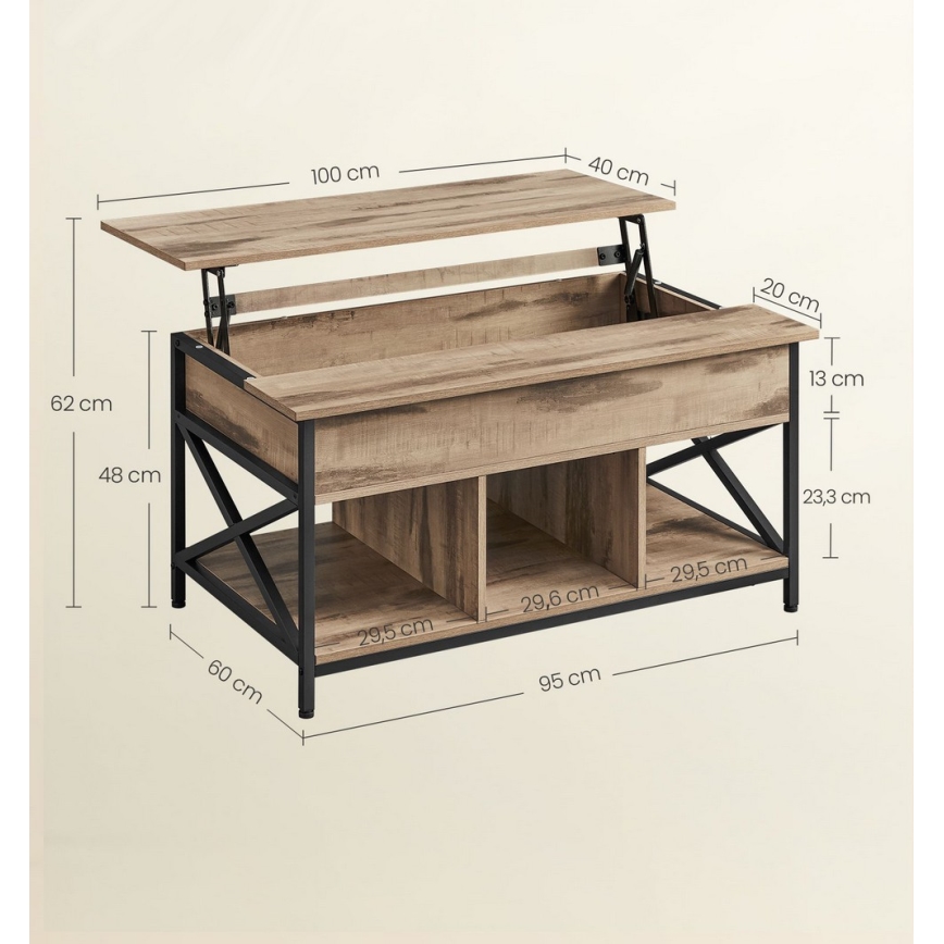Couchtisch NYRO mit Hebefunktion, braun/schwarz