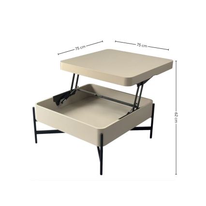 Couchtisch OASIS 75x75 cm mit Hebefunktion und Ablagefach, creme/schwarz