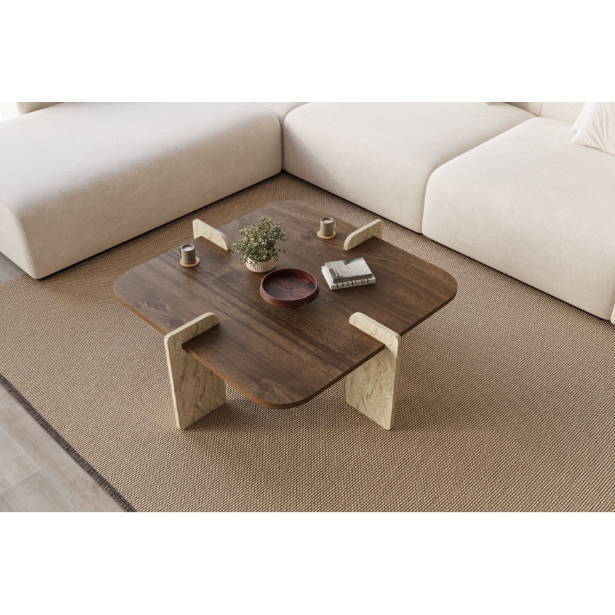 Couchtisch PURO 90x90 cm Nussbaum/Travertin