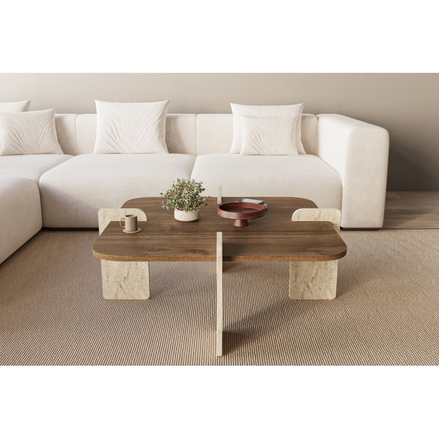 Couchtisch PURO 90x90 cm Nussbaum/Travertin