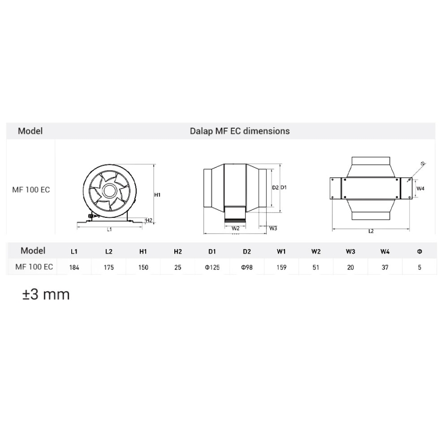 Dalap 24MF100 - Rohrventilator mit energiesparendem Motor und Drehzahlregler MF 100 EC 18W/230V
