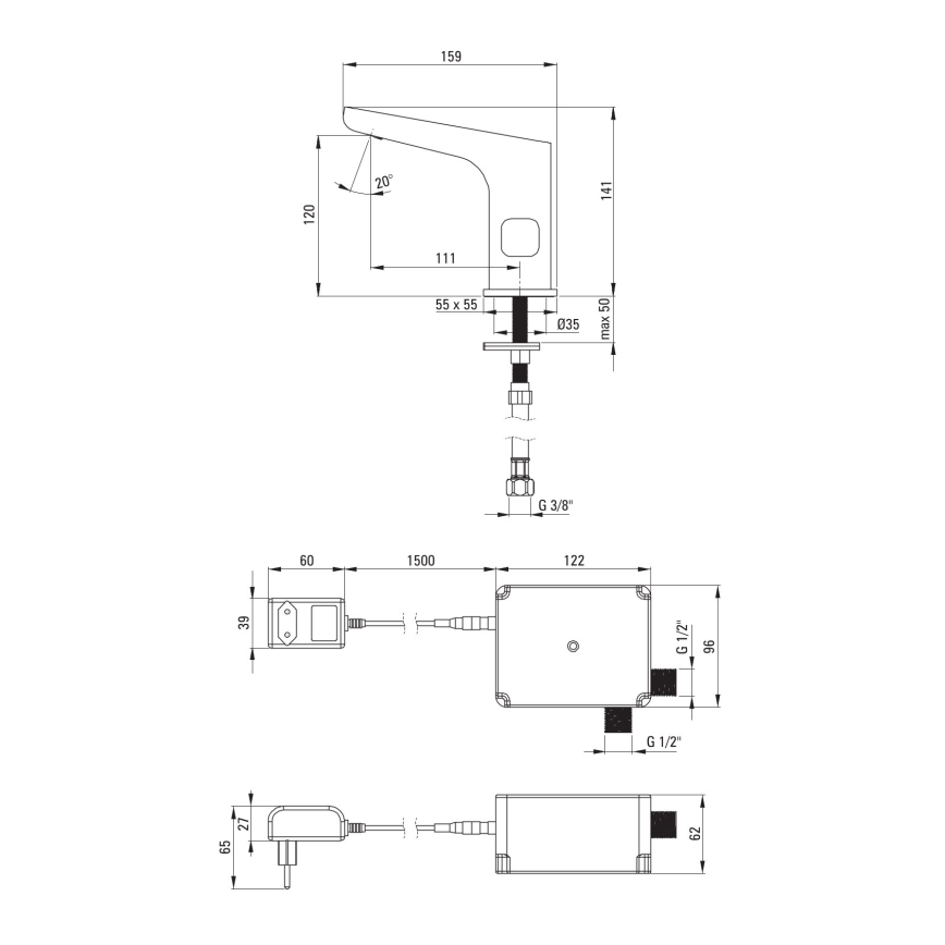 Deante BQH_029V - Berührungslose Waschbeckenarmatur mit Temperaturregelung HIACYNT 230/6V glänzendes Chrom