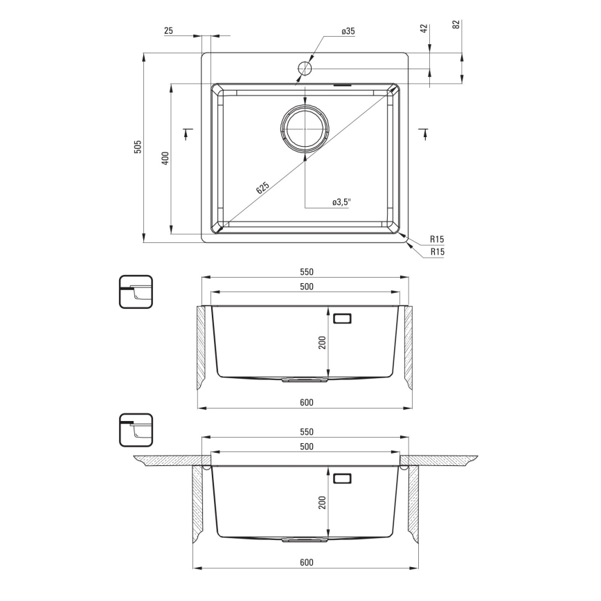 Deante ZPO_010B - Küchenspüle OLFATO 50,5x55 cm gebürstet Stahl
