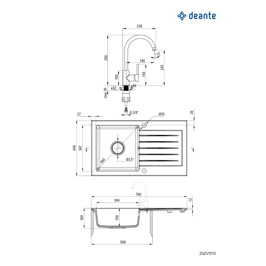 Deante ZQZVT113 - Küchenspüle ZORBA 76x44 cm + Spültischarmatur Granit/Metallisch Anthrazit