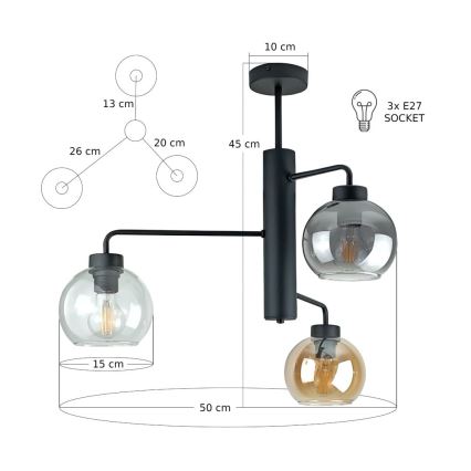 Deckenleuchte an Stange FLEX 3xE27/60W/230V schwarz/rauchig schwarz/rauchig beige/klar