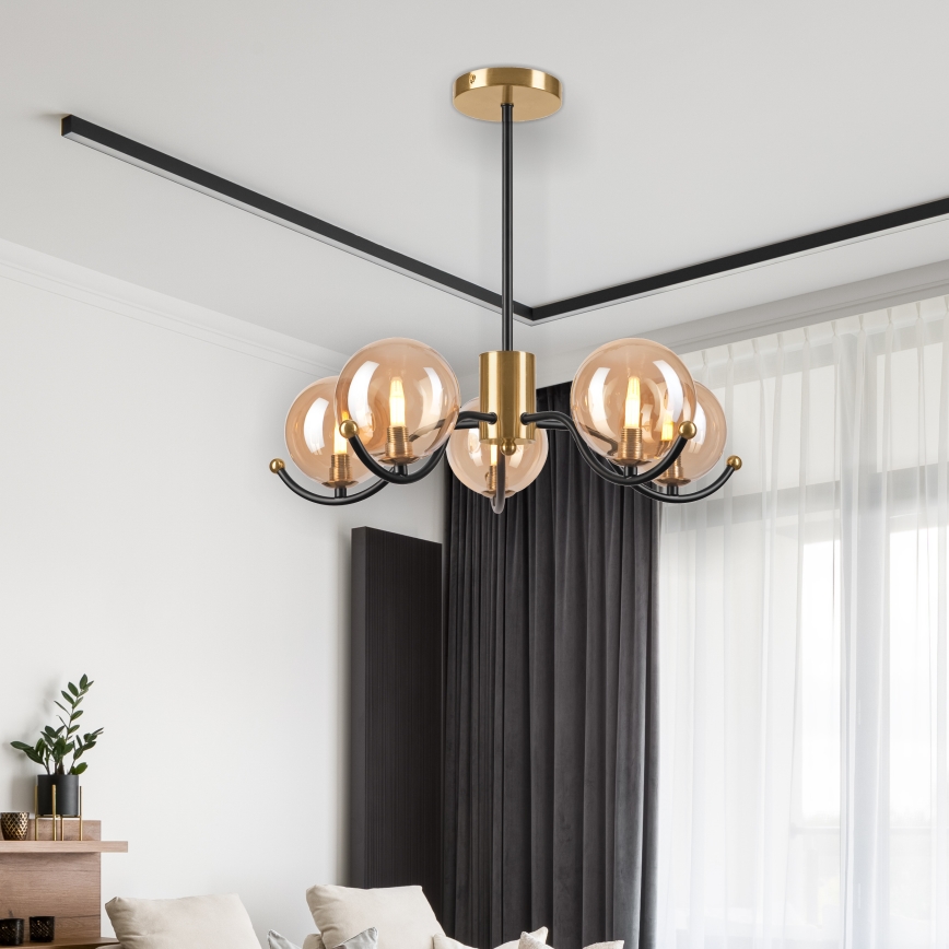 Deckenleuchte an Stange GEORGIA 5xE14/5W/230V golden/rauchig beige