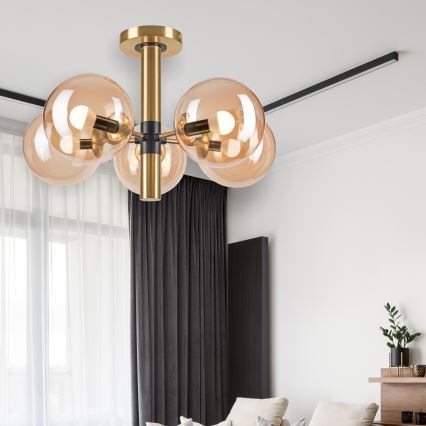 Deckenleuchte an Stange ROLLO 5xE14/5W/230V golden/rauchig beige