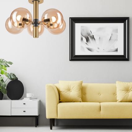 Deckenleuchte an Stange ROLLO 5xE14/5W/230V golden/rauchig beige